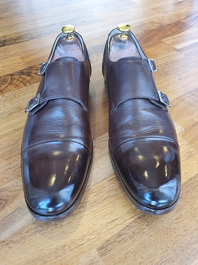 Pair of brown Mr Hare double monk shoes after a shoeshine